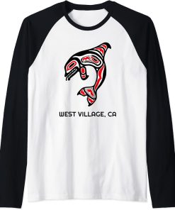 West Village, California Native American Orca Killer Whale Raglan Baseball Tee