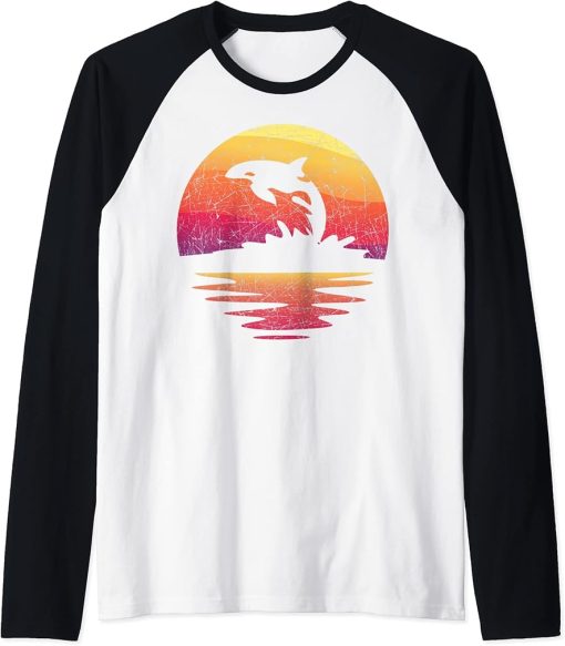 Retro Ocean Animal Lover Whale Beach Sunset Sea Orca Raglan Baseball Tee