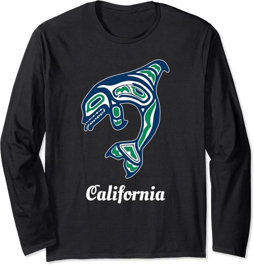 Blue Green Native American California Orca Killer Whale Long Sleeve T-Shirt